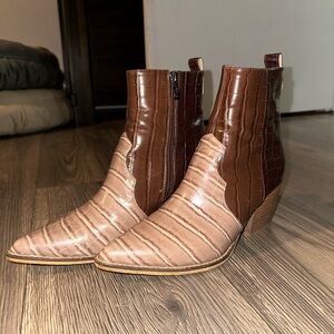 Two-Tone Brown Croc-Embossed Ankle Boots